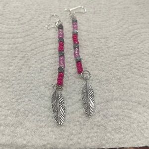 Handmade Pink and Silver Beaded Feather Earrings